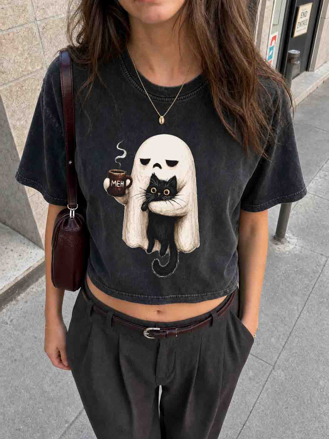 Ghost Cat Spooky Halloween Coffee Lover Crop Shirt
