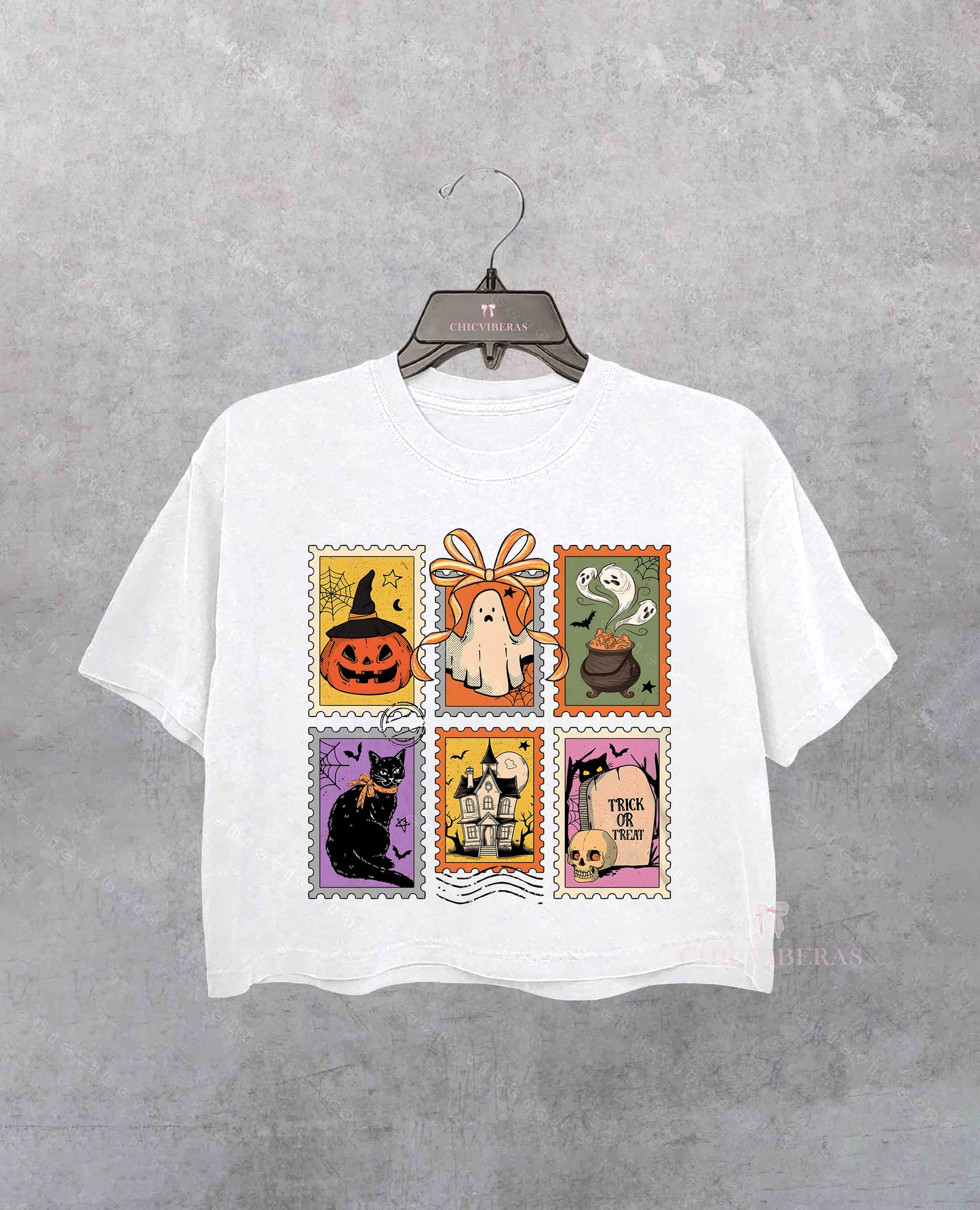 Retro Halloween Cat Ghost Crop Shirt