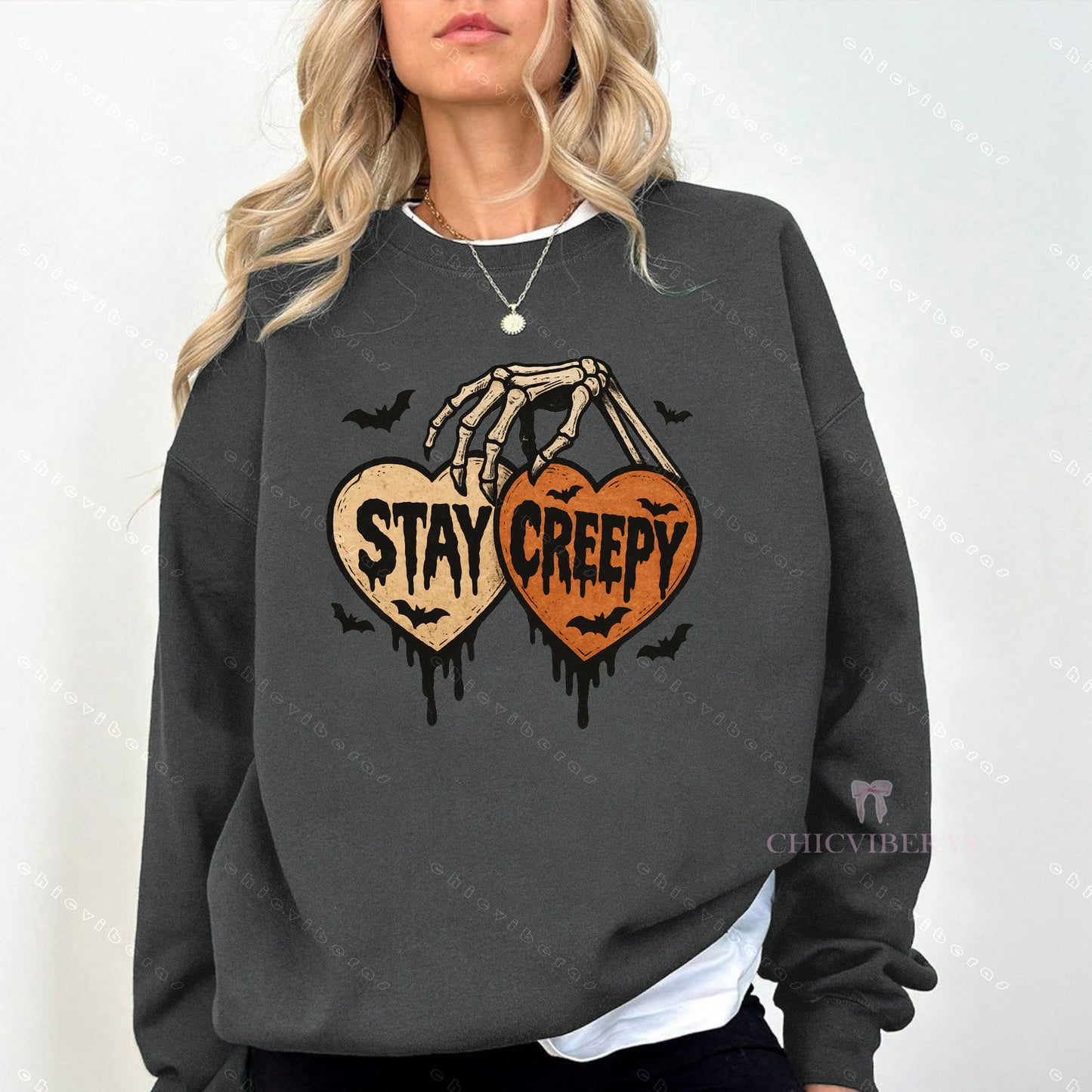 Stay Creepy Retro Dripping Heart Halloween Clipart Crewneck