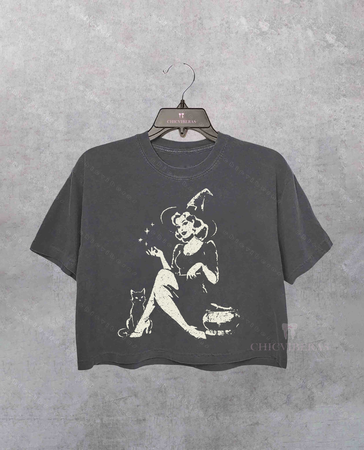Witchy Vibes Black Cat Halloween Crop Shirt