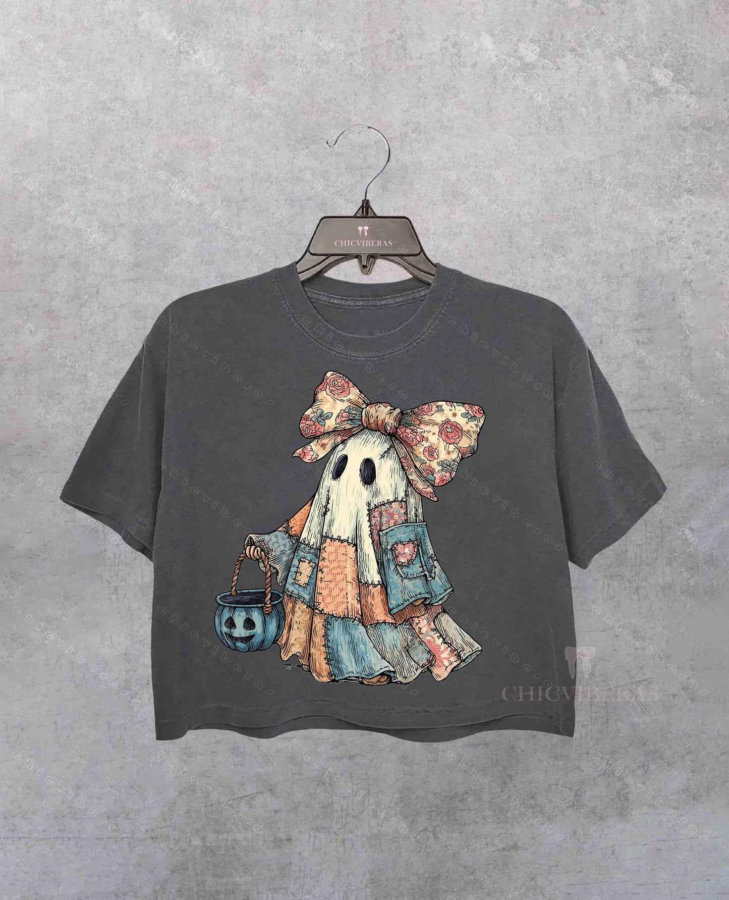 Retro Halloween Blue Denim Ghost Crop Shirt