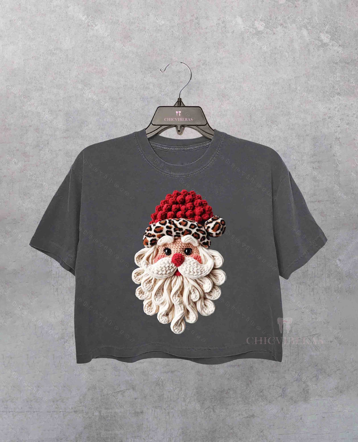 Trendy Faux Pink Yarn Crochet Santa Crop Shirt