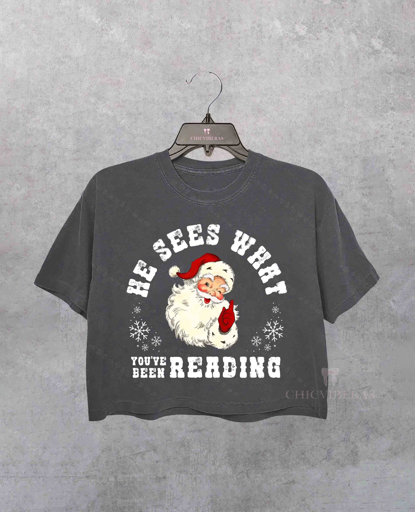 He Sees What You've Been Reading Santa Crop Shirt