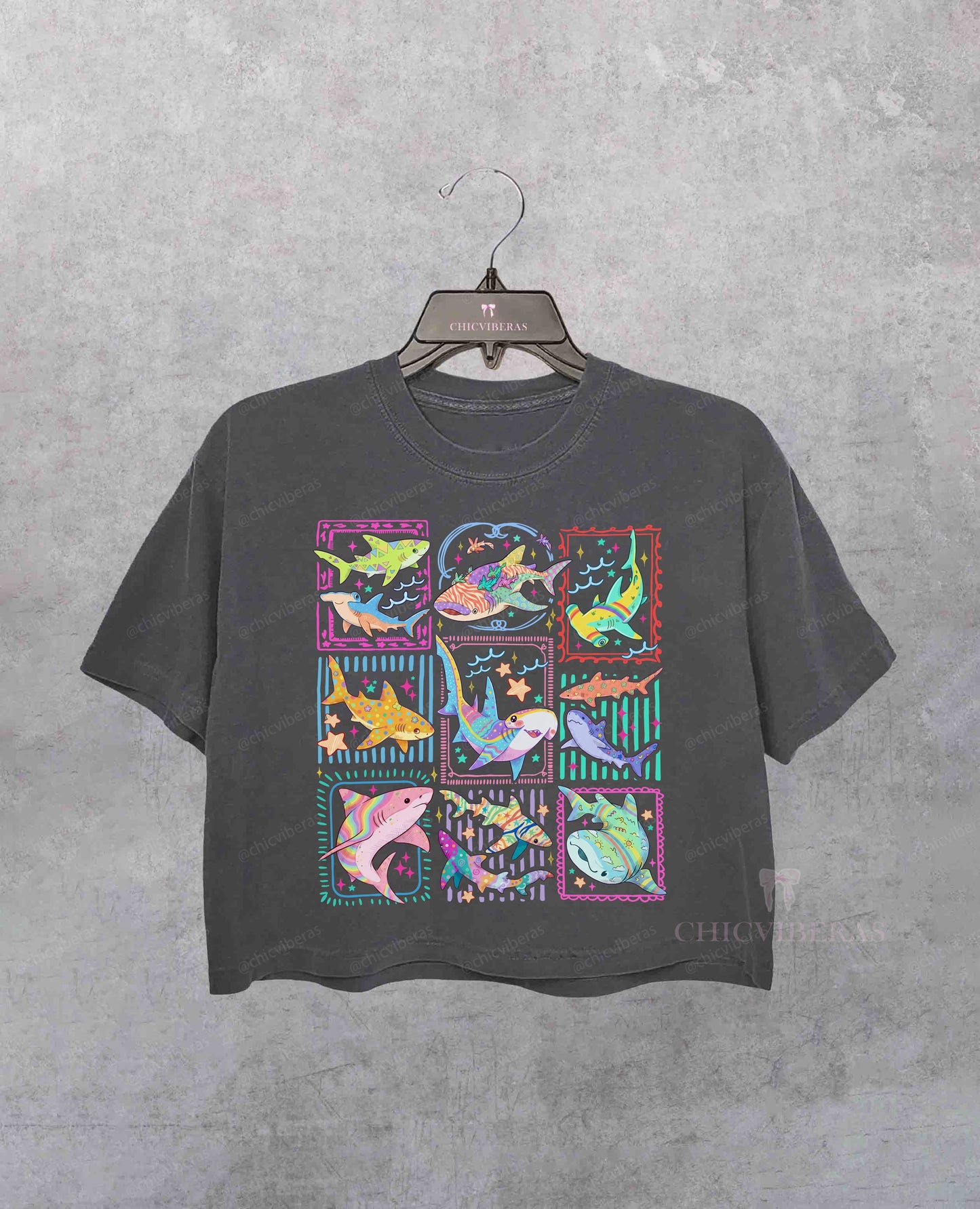 Shark Tropical Ocean Stamps Coastal Beach Summer Crop Shirt