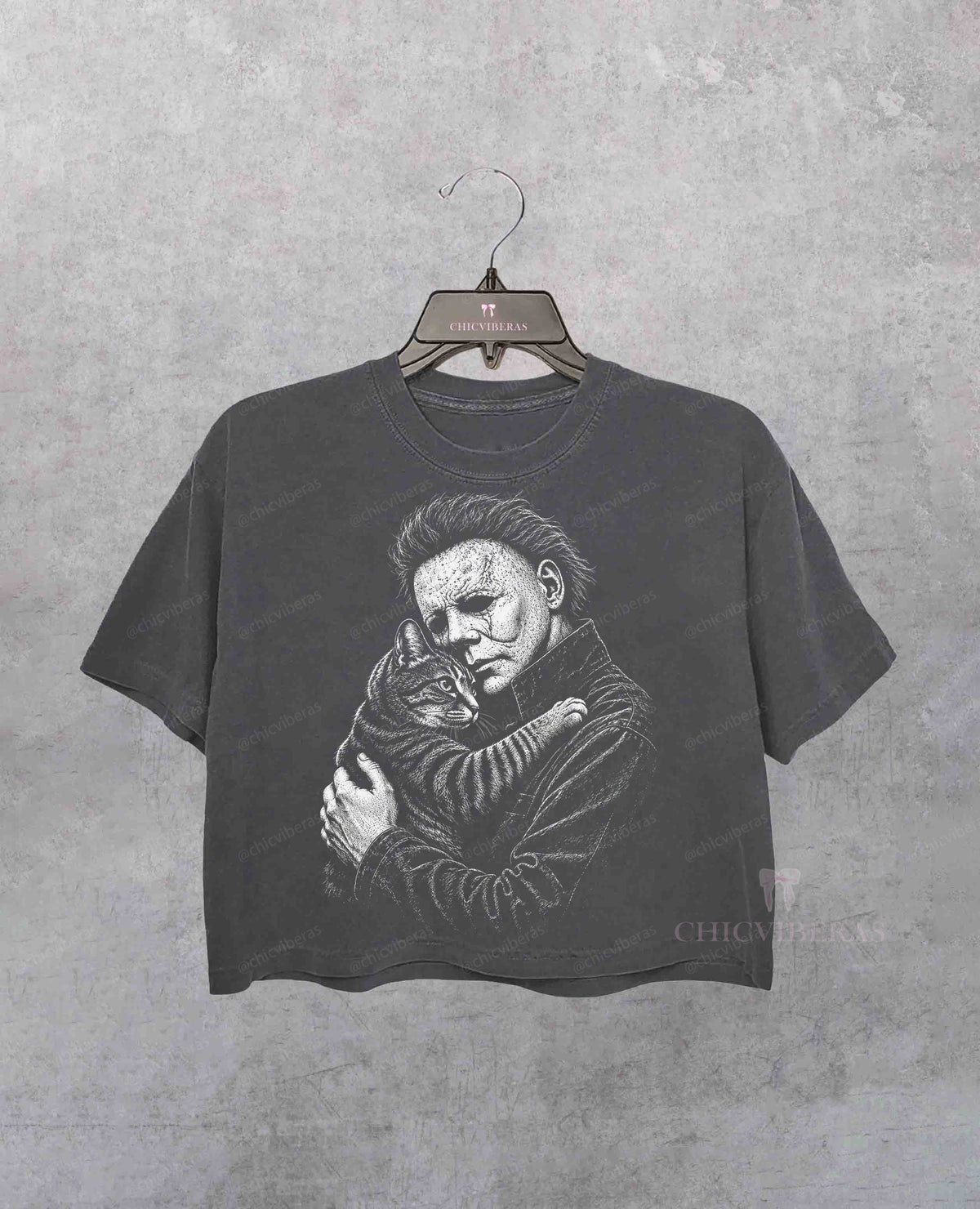Halloween Masked Slasher and Cat Crop Shirt - Deep Gray