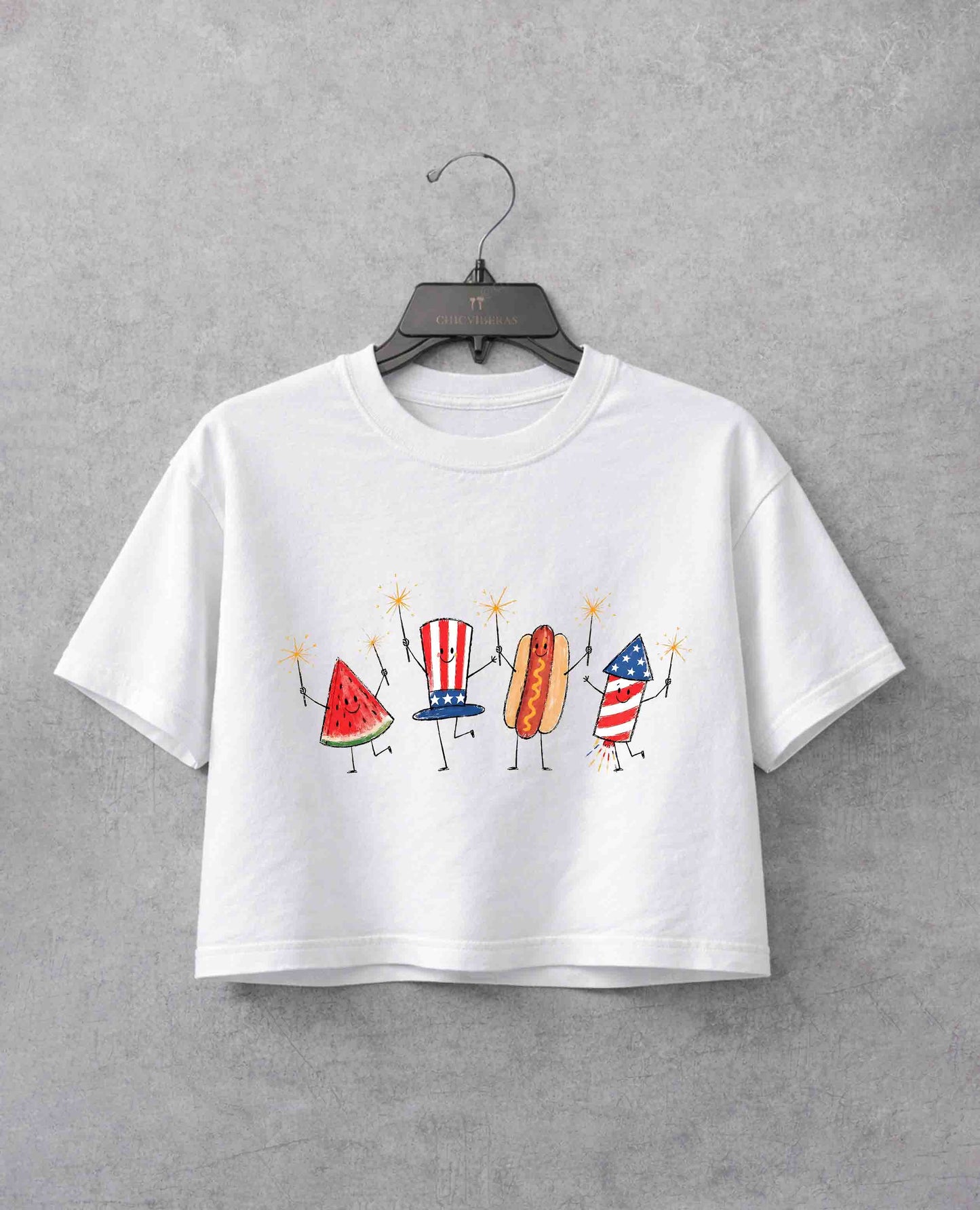 Patriotic Doodle Cute 4th of July Watermelon Hotdog Firework Crop Shirt