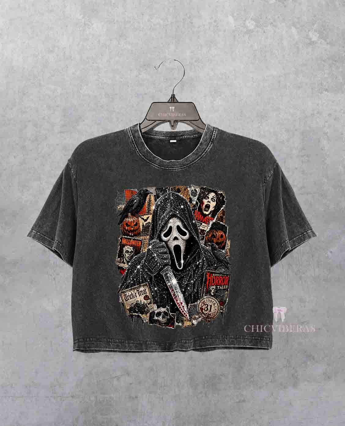 Hooded Scary Mask Vintage Horror Crop Shirt