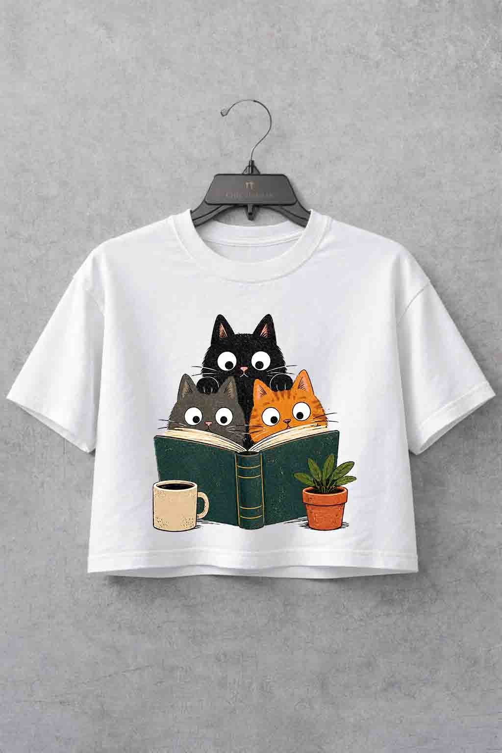 Retro Curious Reading Cats Crop Shirt