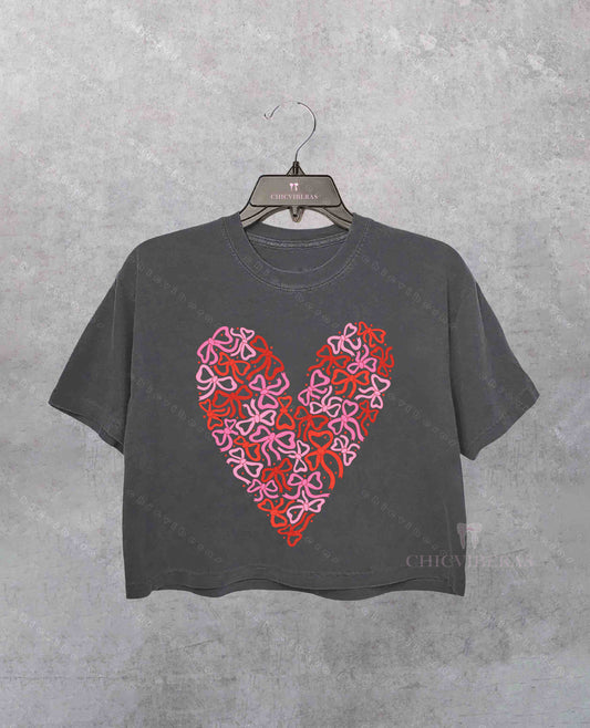 Bow Heart Coquette Valentine's Day Crop Shirt