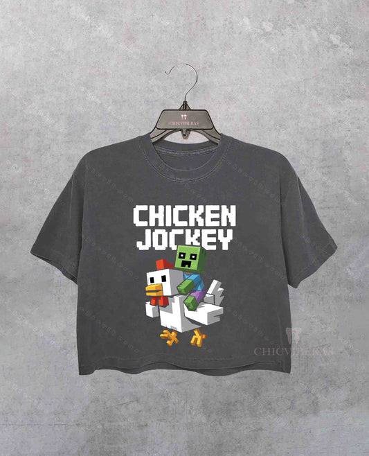 Chicken Jockey Funny Gamer Crop Shirt
