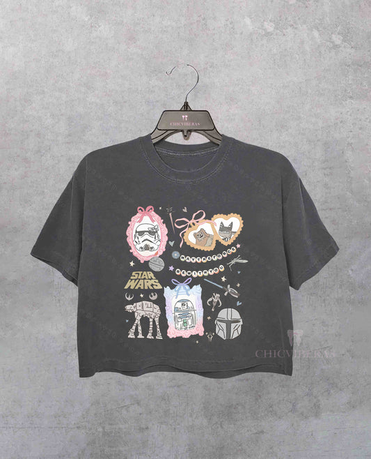 Retro Coquette Bow Watercolor Star Wars Characters Crop Shirt