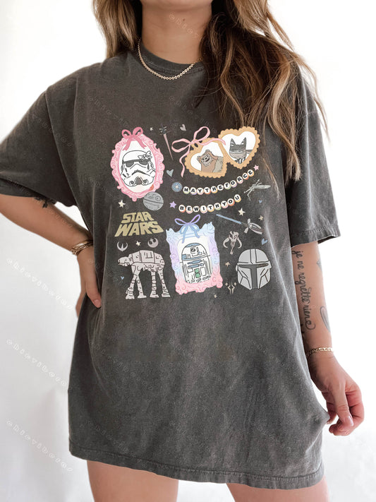 Retro Coquette Bow Watercolor Star Wars Characters Tee
