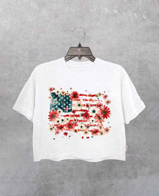 Floral American Flag Crop Shirt