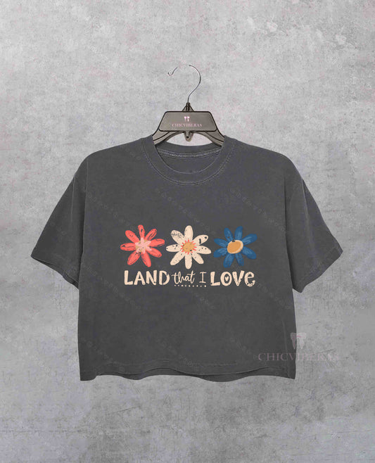 Retro 4th of July "Land that I love" Floral USA Crop Shirt