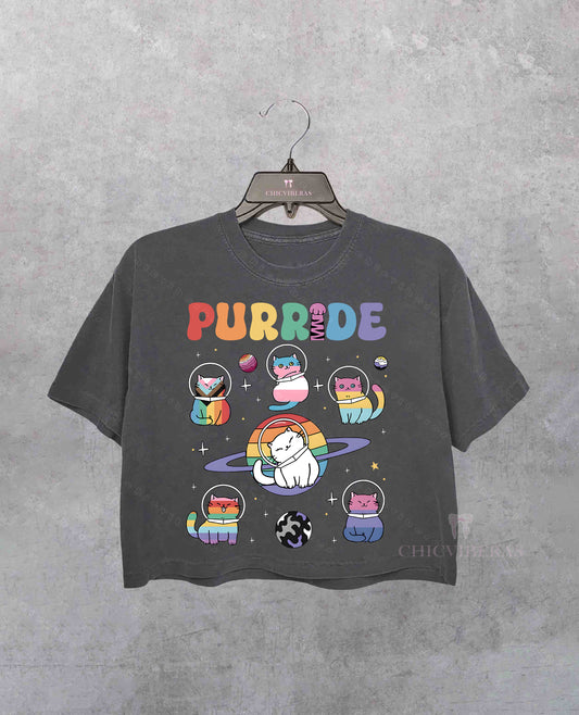 Purride Cats In Space Rainbow Crop Shirt