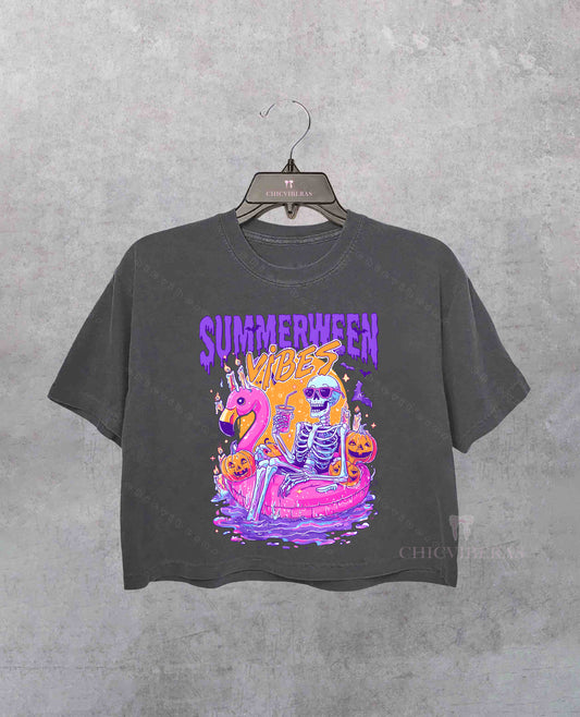 Funny Skeleton Float Halloween in Summer Crop Shirt