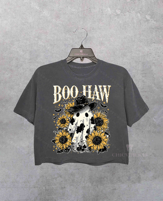Cow Spot Ghost Western Halloween Crop Shirt