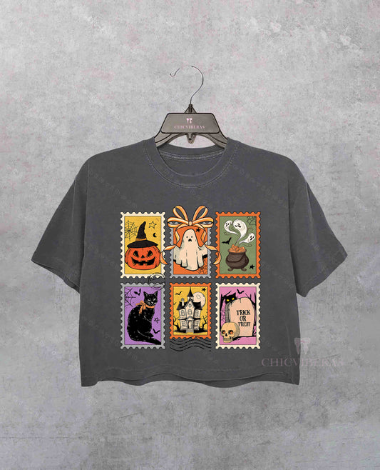 Retro Halloween Cat Ghost Crop Shirt