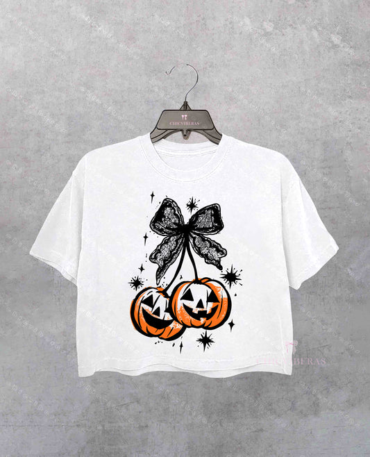 Cherries Pumpkin Fall Coquette Bow Crop Shirt