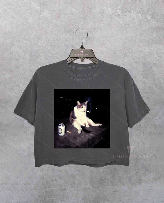 Funny Smoking Cat Meme Crop Shirt