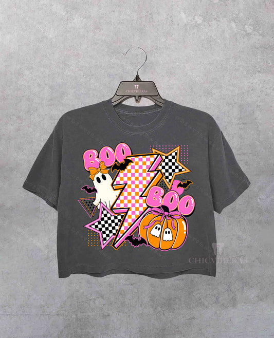 Retro Halloween Ghost Pumpkin Crop Shirt