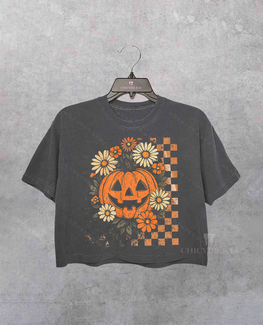 Retro Floral Pumpkin Spooky Season Crop Shirt