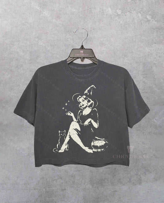 Witchy Vibes Black Cat Halloween Crop Shirt