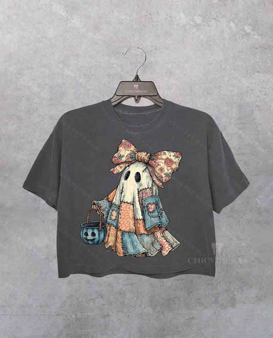 Retro Halloween Blue Denim Ghost Crop Shirt