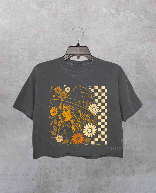 Retro Boho Floral Witchy Halloween Crop Shirt