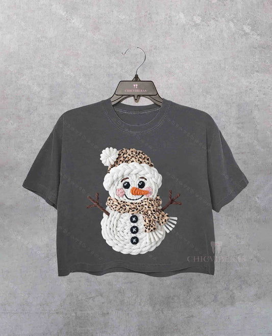 Faux Yarn Crochet Snowman Crop Shirt