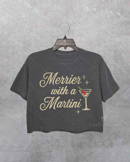 Merrier With a Martini Ugly Christmas Crop Shirt