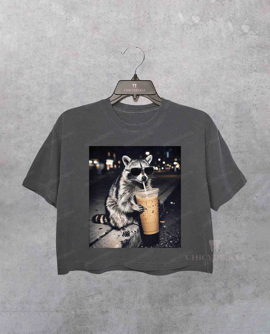 Raccoon Drinking Iced Coffee Crop Shirt