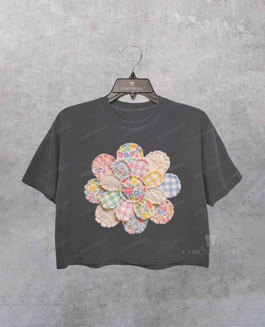 Faux Quilted Patchwork Daisy Crop Shirt