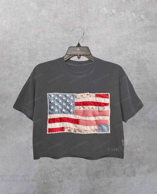 Faux Patchwork USA Crop Shirt