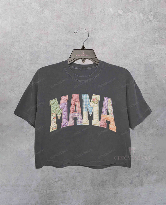 Faux Quilted Patchwork Mama Crop Shirt
