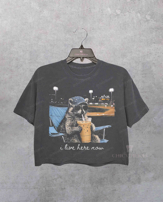 Racoon Funny Ballfield Dark Crop Shirt