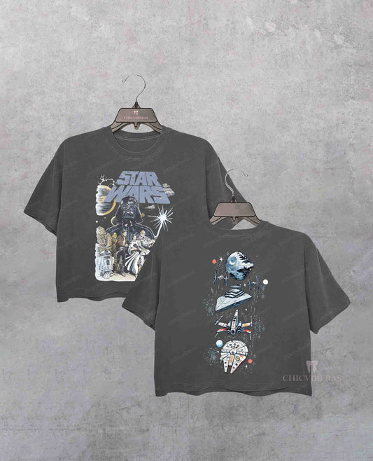 Retro Star Wars Space Ship Death Star Crop Shirt