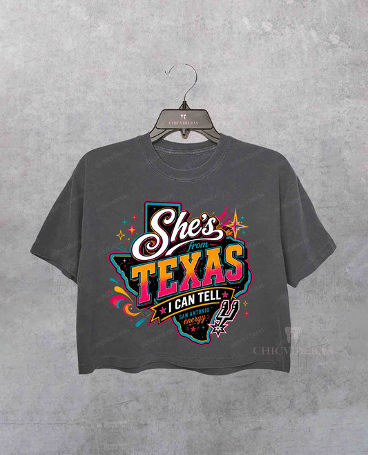 She's From Texas Spurs Fan San Antonio Basketball Crop Shirt