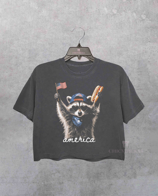 Feral & Free Racoon 4th of July Crop Shirt
