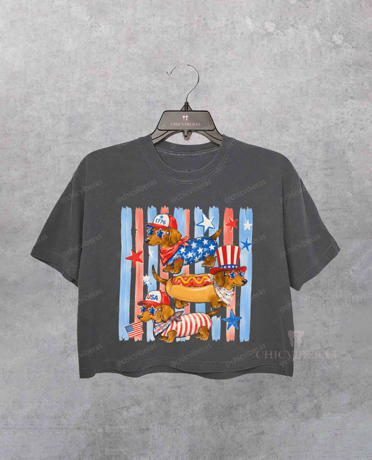 Striped Patriotic Dachshund Crop Shirt