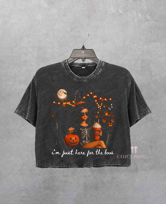 Funny Doll Face Halloween Just Here For The Boos Crop Shirt