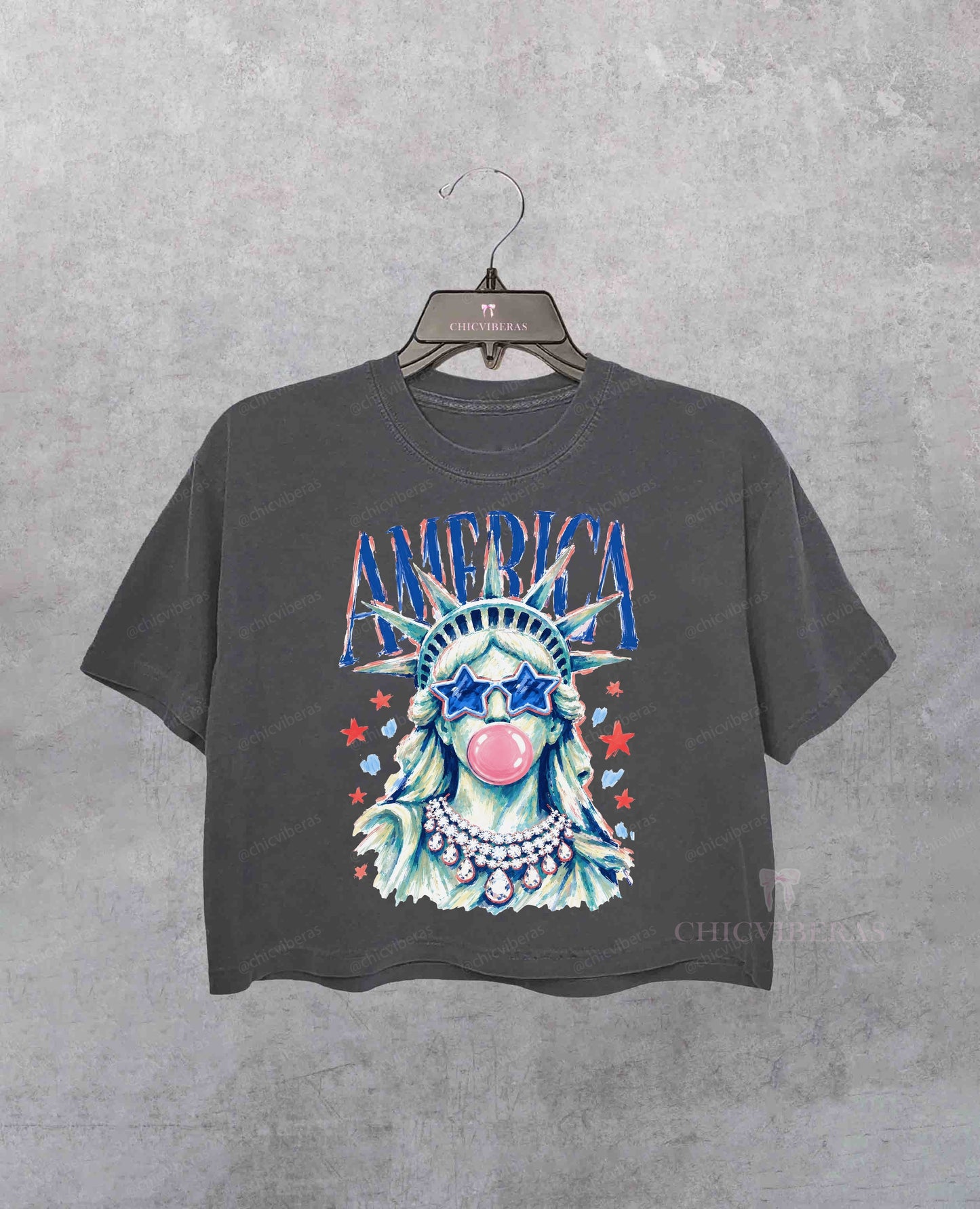 America Statue of Liberty Blowing Bubble Gum Crop Shirt