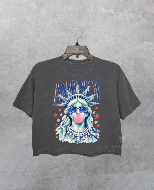 America Statue of Liberty Blowing Bubble Gum Crop Shirt