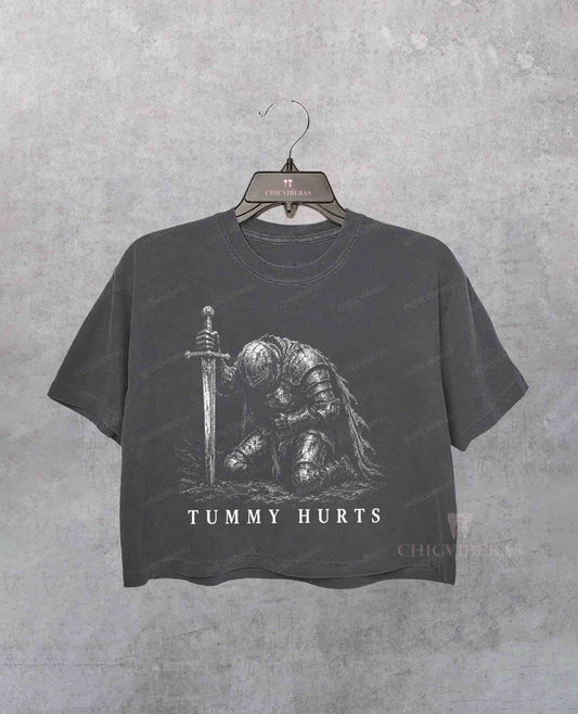 Tummy Hurts Knight Funny Dark Fantasy Crop Shirt