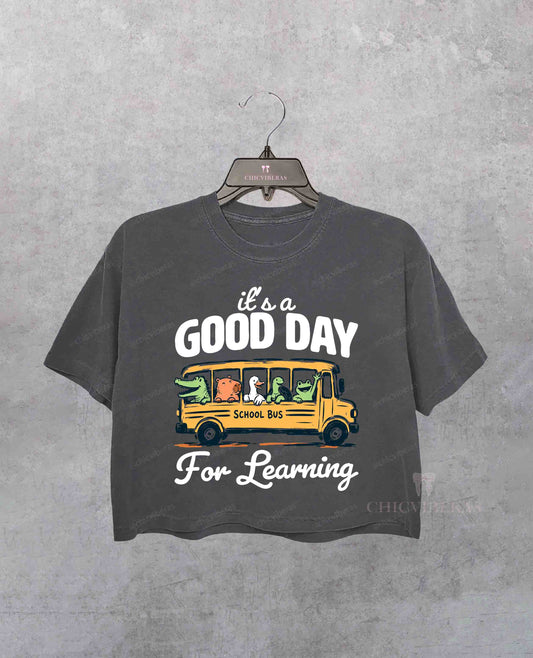 Good Day For Learning Funny School Bus Animal Crop Shirt