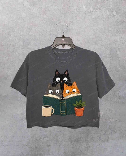Retro Curious Reading Cats Crop Shirt