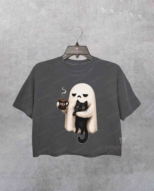 Ghost Cat Spooky Halloween Coffee Lover Crop Shirt