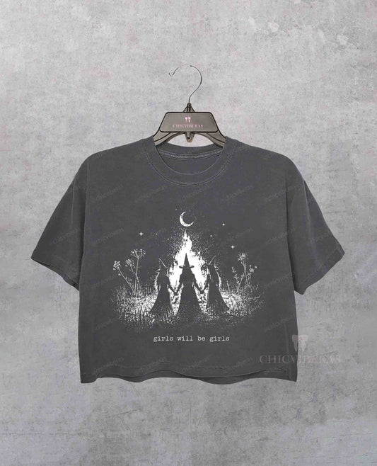 Vintage Girls Will Be Girls Witch Halloween Crop Shirt