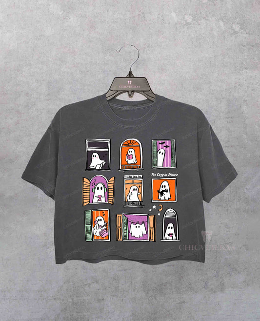 Too Cozy To Haunt Cute Ghost Window Crop Shirt