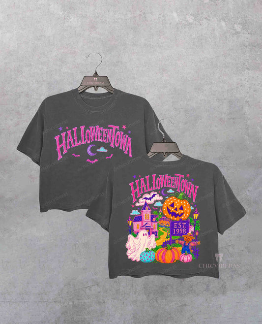 Halloween Pumpkin Retro Spooky Season Crop Shirt